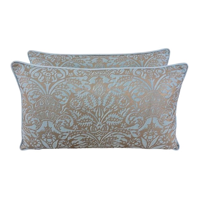 Custom Aquamarine & Gold Fortuny Lumbar Pillows For Sale