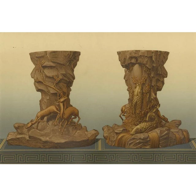 Title: ornamental pedestal designs with nature motifs – plate v from section vi of g. A. Audsley’s decorative art...
