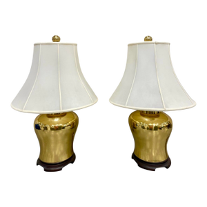 Vintage Pair of Large Ginger Jar Form Brass Lamps With Mahogany Carved Bases