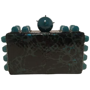 Tonya Hawkes Black Teal and Green Leather Paint Splatter Convertible Clutch