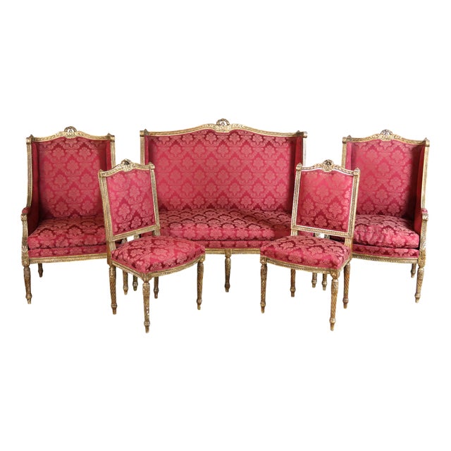 Louis XVI Style Gilded Wood Living Room Set, Set of 5 For Sale