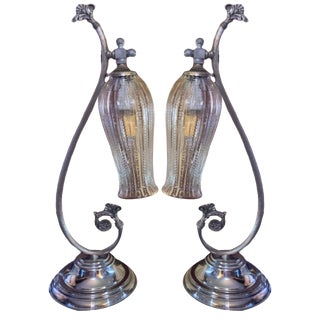 Neoclassical Table Lamps with Drop Glass Shades in Silver and Chrome, 1950s, Set of 2 For Sale