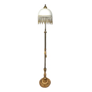 Antique Brass and Onyx Beaded Glass Shade Floor Lamp, 1950s For Sale