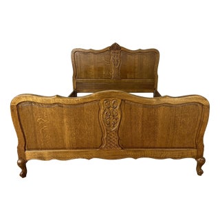 Vintage French Louis XVI Oak Double Bed Frame with Carved Headboard For Sale