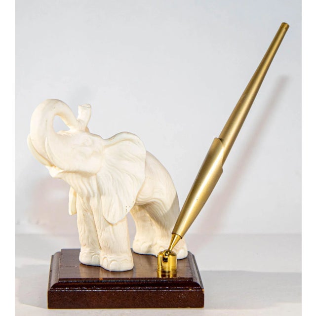 Vintage White Elephant Figurine Pen Holder, Jaipur, Rajasthan India. White Elephant Figurine with Wooden Base. Elegant...