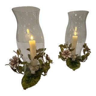 Vintage Italian Painted Tole & Glass Candle Hurricanes -a Pair For Sale