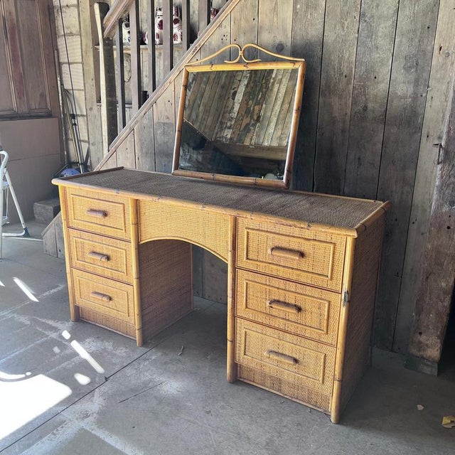 Vintage Bamboo and cane Dressing table with attached tilting bamboo mirror 6 side drawers, 3 on each side and a tilting...