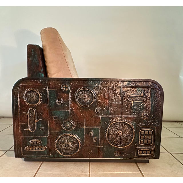 Wood Armani Casa Lounge Chair With Custom Relief Artwork by Lance Kleinsmith Artist Signed, Brutalist Designer Chair For Sale - Image 7 of 11