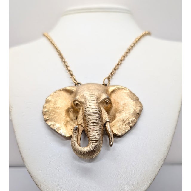 Mid-Century Modern Vintage 1970s Signed Napier Goldtone Elephant Head Pendant Necklace For Sale - Image 3 of 8