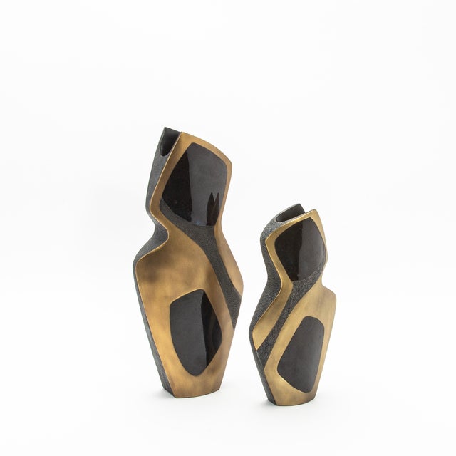 Modern Sculptural Vase in Shagreen With Shell and Brass Details by R&y Augousti For Sale - Image 9 of 11