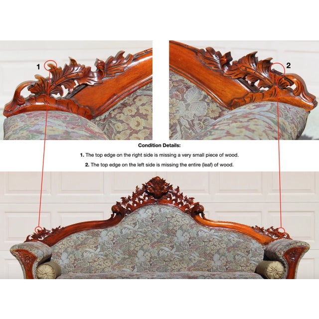 Antique Victorian Rococo Revival Hand-Carved Rosewood Sofa – Early 20th Century Ornate Floral Upholstered Couch For Sale - Image 16 of 16