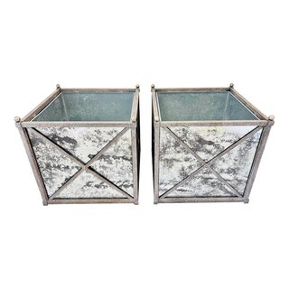 Pair of XL Antique Mirrored Iron Planters For Sale