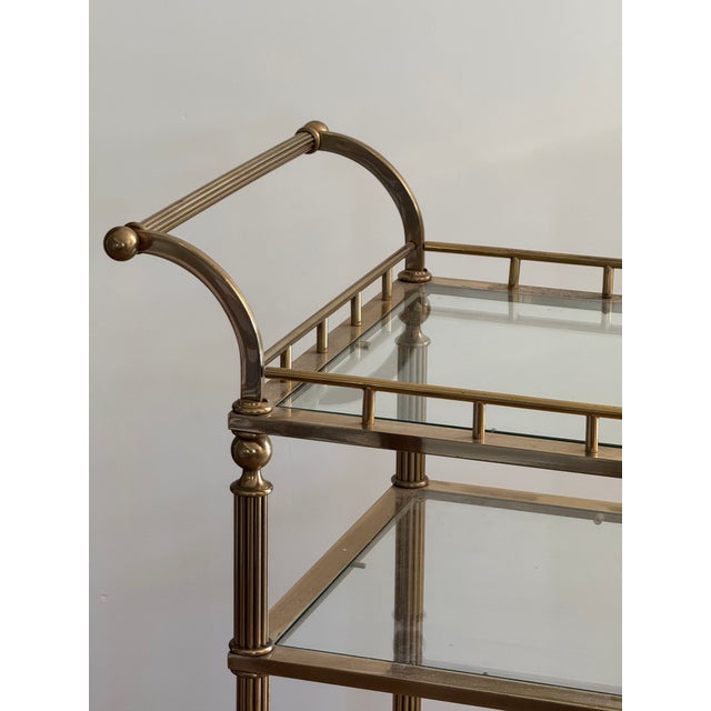Glass Late 20th Century Three Tier Brass Bar Cart on Casters, Regency Style For Sale - Image 7 of 8