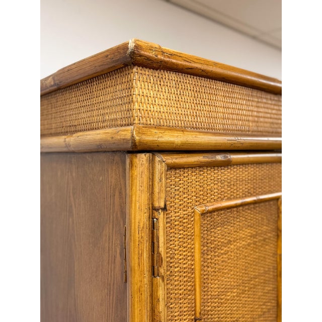 Mid 20th Century Coastal Boho Faux Bamboo Wicker Rattan Armoire Wardrobe Combo With Foldout Desk For Sale - Image 4 of 15