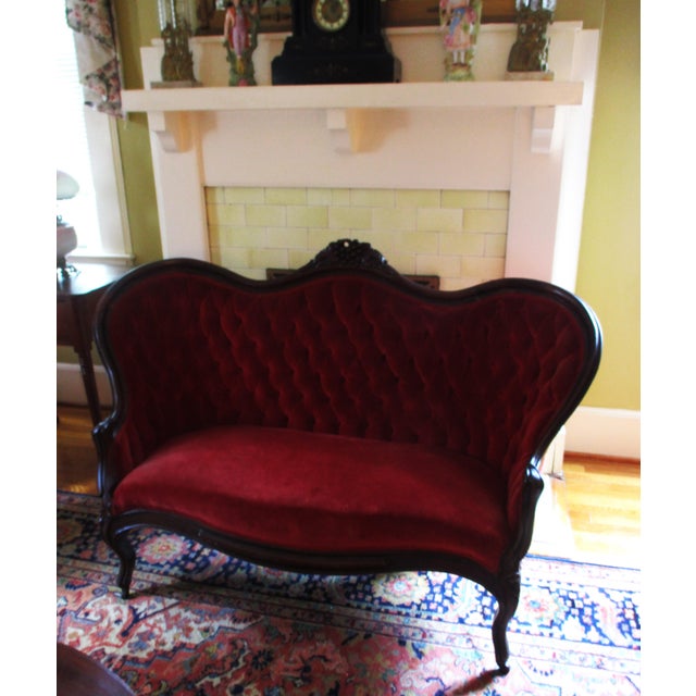 Antique Victorian Carved Walnut Red Velvet Tufted Love Seat For Sale - Image 4 of 14