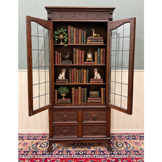 Antique English Jacobean Bookcase Cabinet Double Door Glass Drawers Oak c.1930s For Sale In Dallas - Image 6 of 18