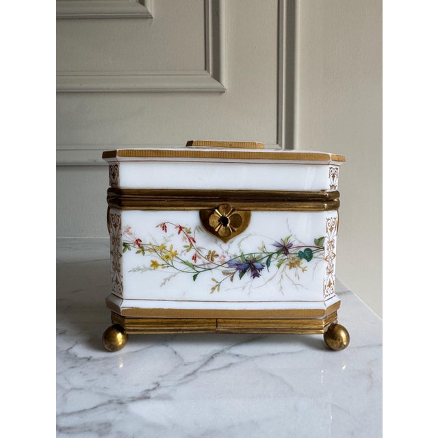 French Vintage or Antique Possibly 19th Century White Opaline Glass Jewelry Casket Box Hand Painted Floral Decor & Gilt Bronze 6.25"x4.75"x5.25"h For Sale - Image 3 of 18