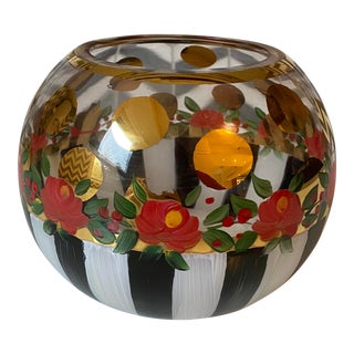 1990s MacKenzie-Childs Heirloom Glass Bowl Painted Flower Stripes Candle Holder For Sale