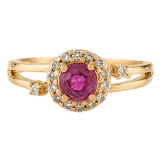 Vintage Inspired Round Ruby & Diamond Halo Ring Size 5 in 14k Yellow Gold For Sale
