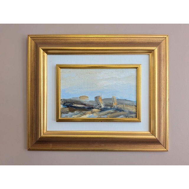 WHERE THE LIGHT SETTLES Size: 15.7 x 19.1 inches (including frame) Oil on board An atmospheric abstract landscape...