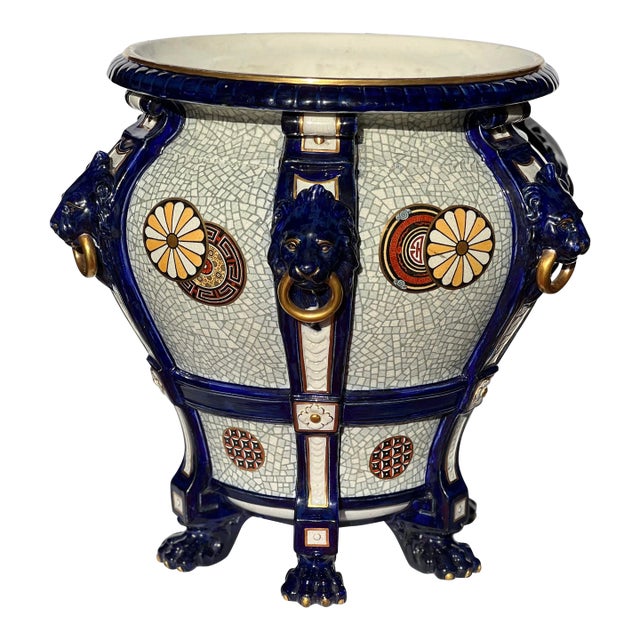 19th Century Vintage Minton Majolica Lion Head Handled Ascetic Jardiniere For Sale
