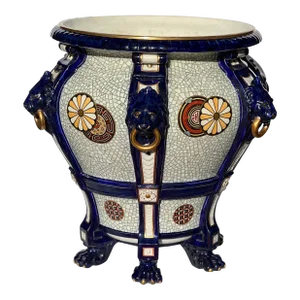 19th Century Vintage Minton Majolica Lion Head Handled Ascetic Jardiniere