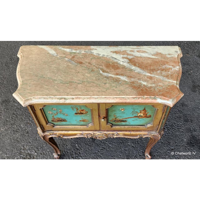 Antique 1920s Petite Marble Top Italian Rococo Chinoiserie Style Painted Commode Cabinet For Sale - Image 4 of 13