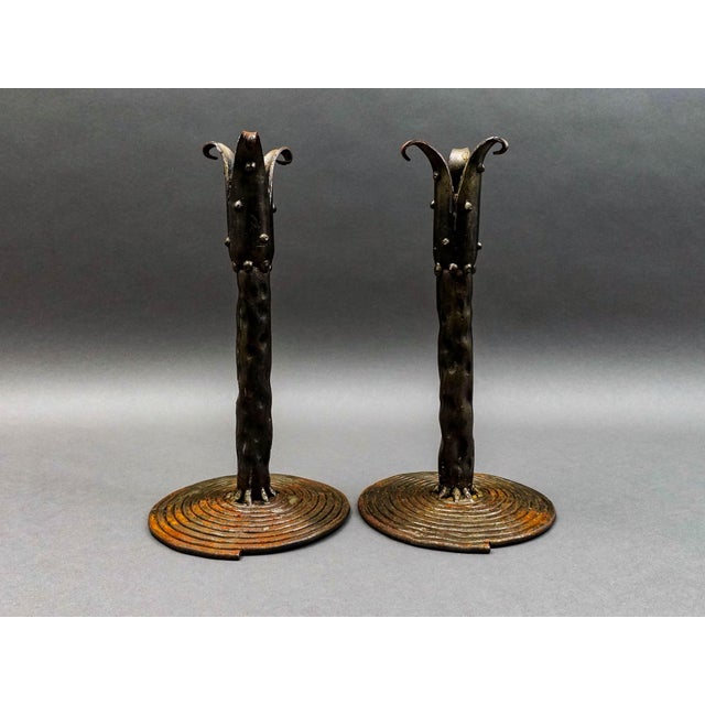 Mid 20th Century Vintage Brutalist Studio Iron Metal Art Candlestick Holders - a Pair For Sale - Image 5 of 8