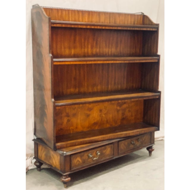 Rare Maitland-Smith Regency Style Pivoting Mahogany Bookcase and TV Stand With a 1” Fretwork Gallery Rail and Drawer Pulls...