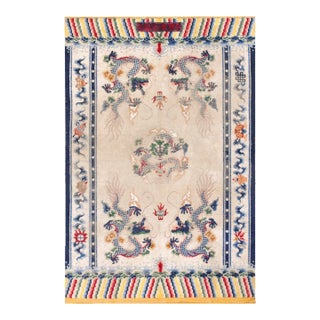 1920s Ivory Dragon Antique Chinese Silk & Metallic Threads Carpet 4'3" X 6'3" Handknotted Wool Rug For Sale