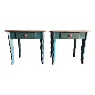 Handmade Folk Art Side Tables Nightstands David Marsh/Marsh Fun Co Handpainted Solid Ponderosa Pine Rustic Southwest Cabin Post Modern Memphis Style For Sale