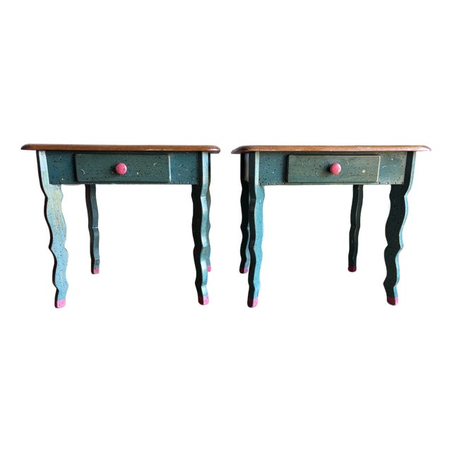 Handmade Folk Art Side Tables Nightstands David Marsh/Marsh Fun Co Handpainted Solid Ponderosa Pine Rustic Southwest Cabin Post Modern Memphis Style For Sale