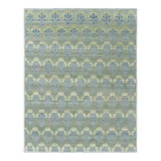 Rug & Kilim’s Custom Block Print Rug Design with Blue and Green Floral Pattern - 13x19 For Sale