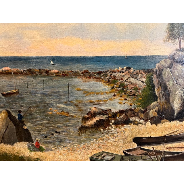 Paint Late 19th Century Folky Oil on Canvas of a Coastal Landscape With Fishermen For Sale - Image 7 of 7