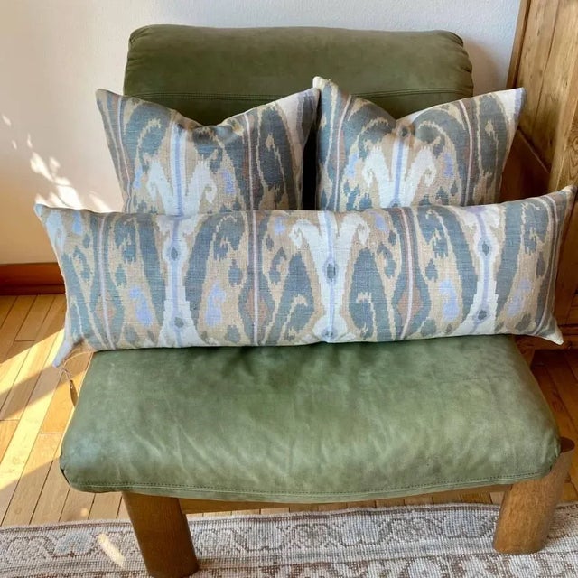 Raw Silk Ikat Long Lumbar Decorative Pillow in Green, Tan For Sale - Image 4 of 7