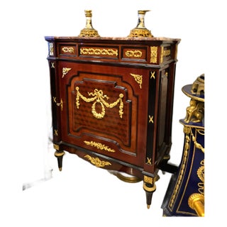 French Louis XVI Marble-Top Accent Cabinet With Fine Wood Inlays & Gold Leaf Details For Sale