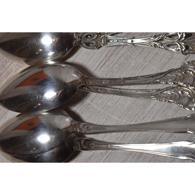 Antique Collection of 8 Floral Sterling Silver Teaspoons Tea Party For Sale - Image 15 of 17