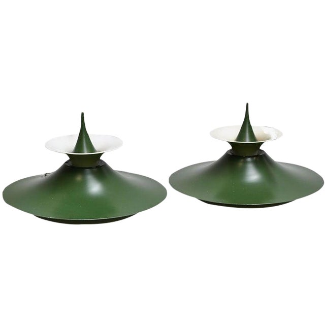 A couple of "Radius" pendants by Erik Balslev. A green and white lacquered aluminum. Produced by Fog and Mørup. Ø 19". A...