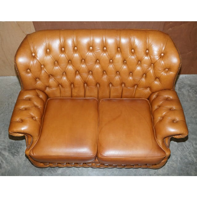Small Wide Tan Leather Tufted Chesterfield Sofa with High Back For Sale - Image 6 of 18
