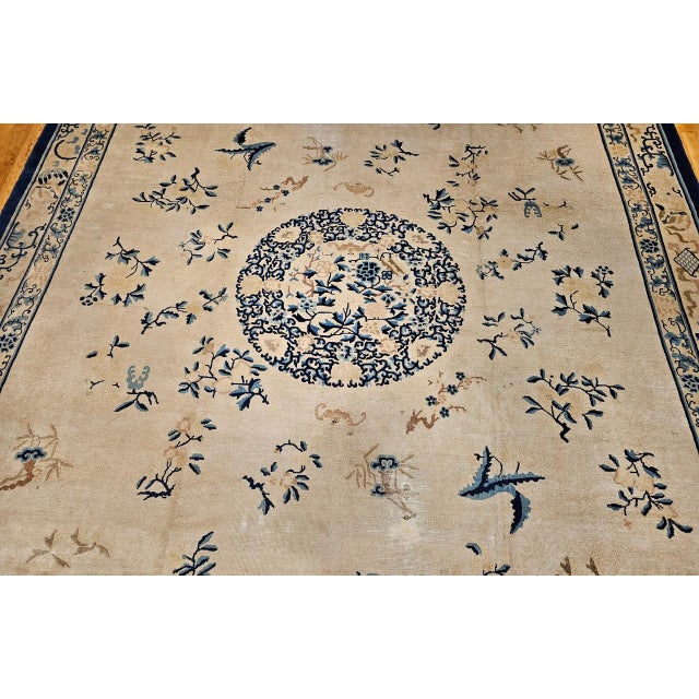 Antique Chinese Peking Oversize Rug, Wool on Cotton, All-Over Floral Design, Ivory & Blue, 12' X 18' For Sale - Image 14 of 18
