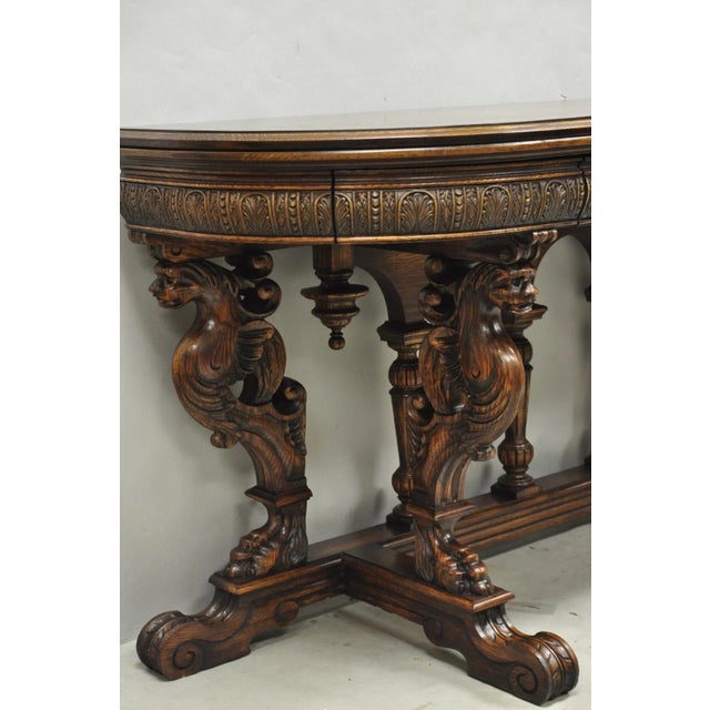 Renaissance Antique Italian Renaissance Figural Carved Griffin Oak Flip Top Library Table For Sale - Image 3 of 18