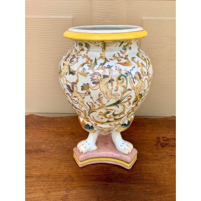 French Provincial Neoclassical Painted Faience Putti Vase on Paw Feet For Sale - Image 3 of 13