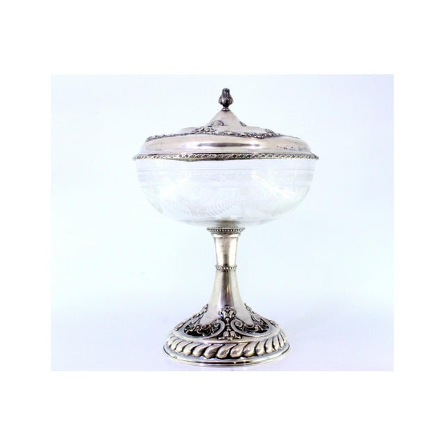 Metal Silver and Acid-Etched Glass Bonbonniere with Embossed Bows, Garlands and Cut-Out Applications For Sale - Image 7 of 8