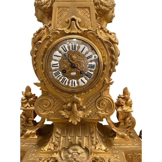 Large 19th Century French Doré Bronze Clock Garniture Marked Jules Graux, Paris. For Sale - Image 11 of 16
