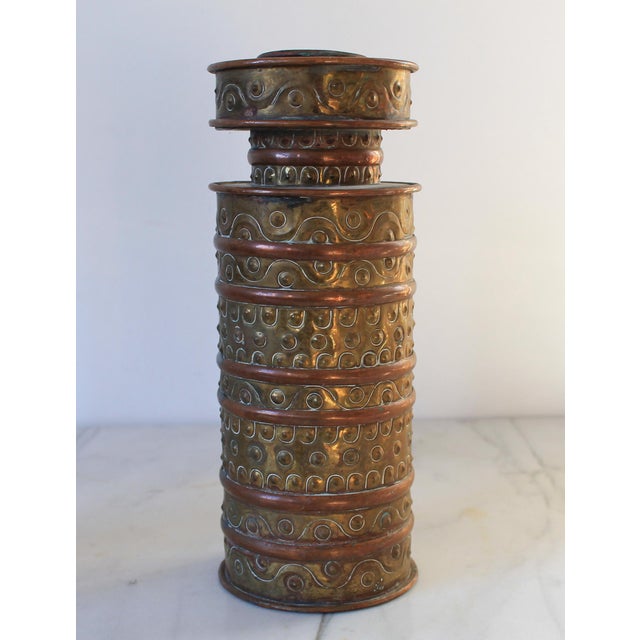 Metal Vintage 1960s Gene Byron Mexican Pressed Tin, Brass and Copper Candle Holders - Set of 2 For Sale - Image 7 of 10