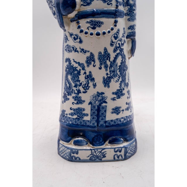Pair of Vintage Chinese Blue & White Porcelain Chinese Emperor Figures For Sale - Image 9 of 18