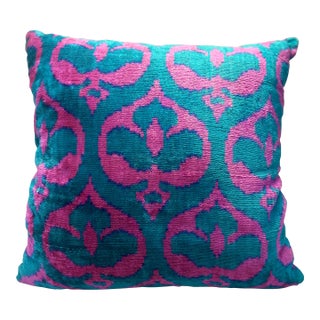 Pink & Blue Turkish Silk Velvet Pillow 20x20 For Sale