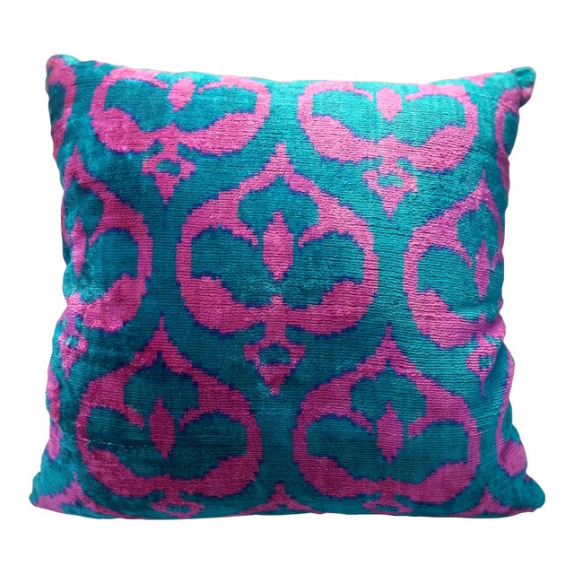 Pink & Blue Turkish Silk Velvet Pillow 20x20 For Sale
