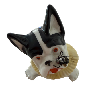 Antique German Novelty French Bulldog/Boston Terrier Porcelain Figurine Featuring an Applied Fly