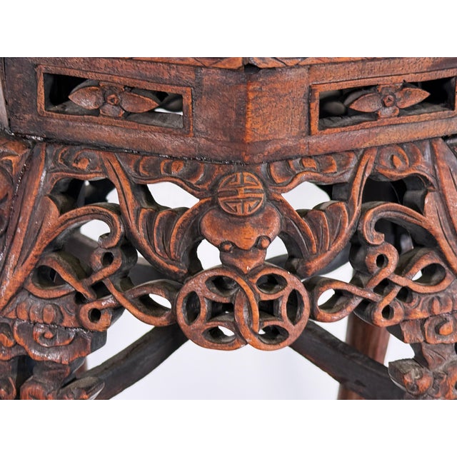 Vintage Chinese Carved Rosewood Pedestal Stand With Marble Top For Sale - Image 10 of 12